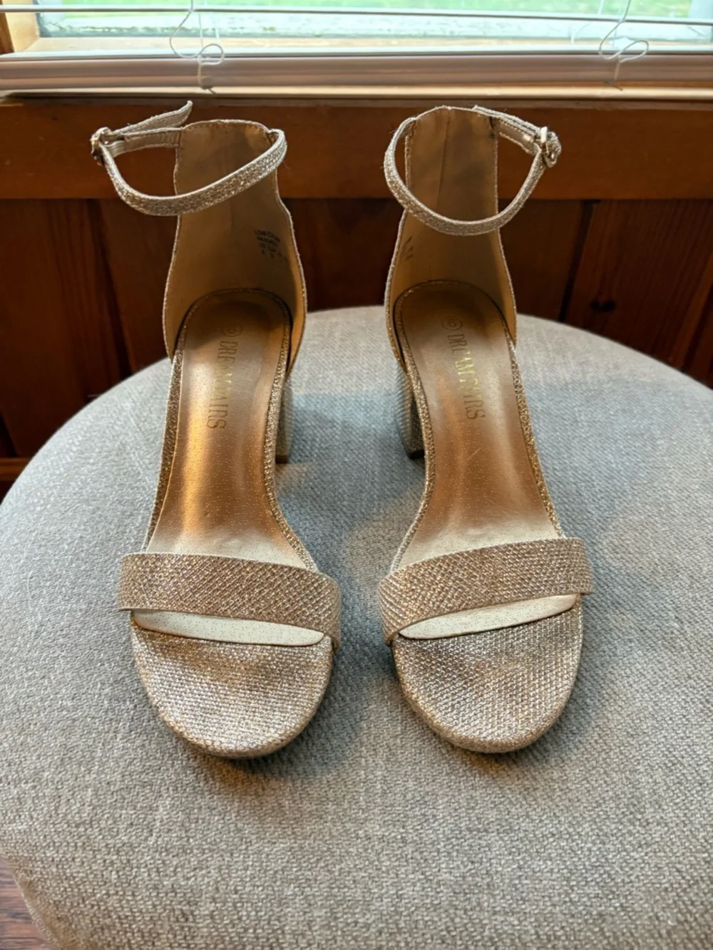 Dream Pairs Glitter Ankle-Strap Block Heels - Sz 6 Champagne Gold, prom, formal
